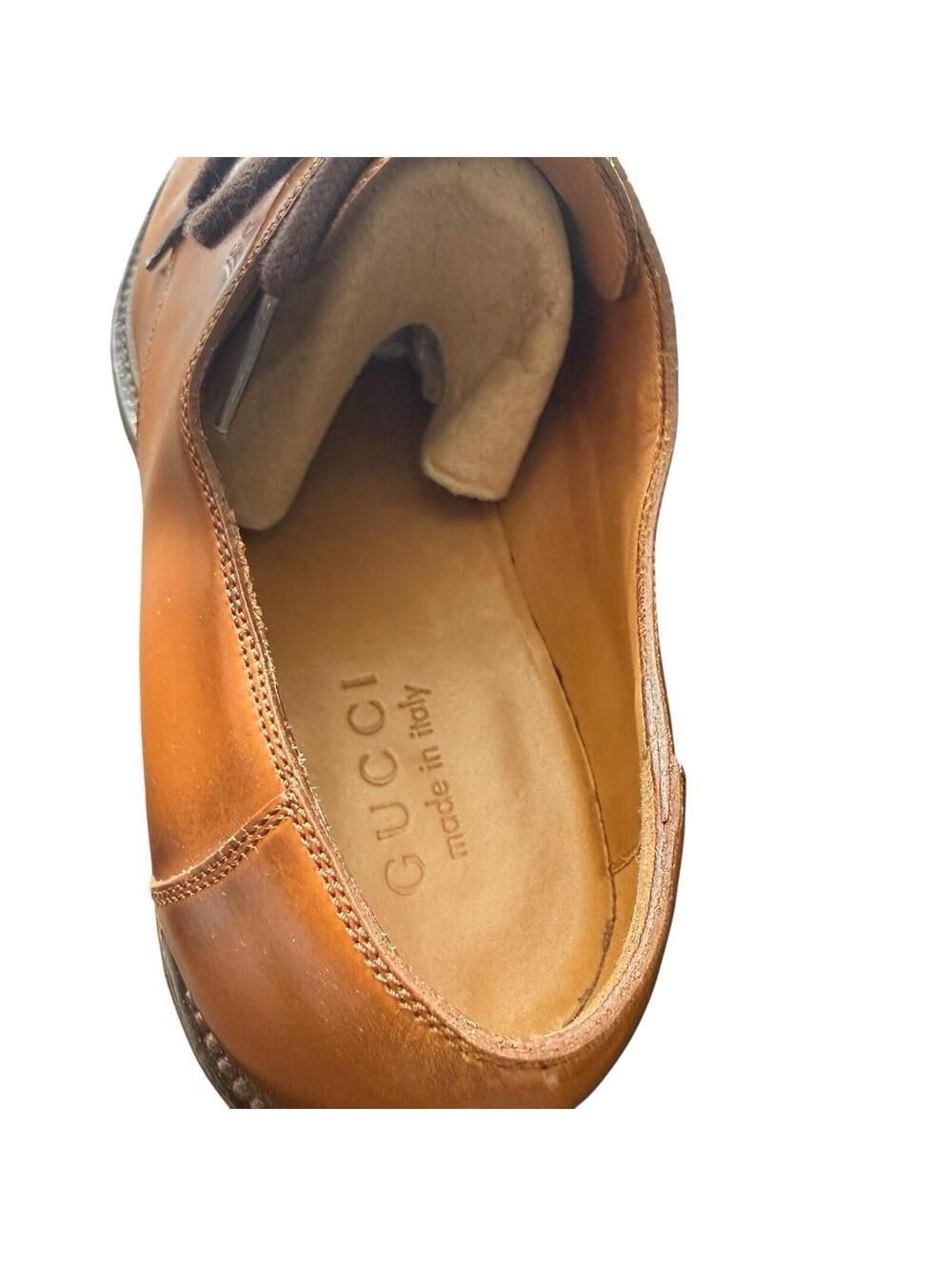 Designer Gucci Men's Burnished Tan Calfskin Leather Plain-Toe Derby Shoes 8 BOX+ - Picture 4 of 9